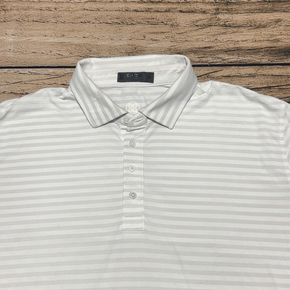 G/FORE Polo Shirt Mens XL White Beige Striped Golf Performance Athletic